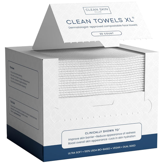 Clean Skin Club Clean Towels XL™, 100% USDA Biobased Face Towel, Disposable Face Towelette, Makeup Remover Dry Wipes 50 Ct, 1 Pack